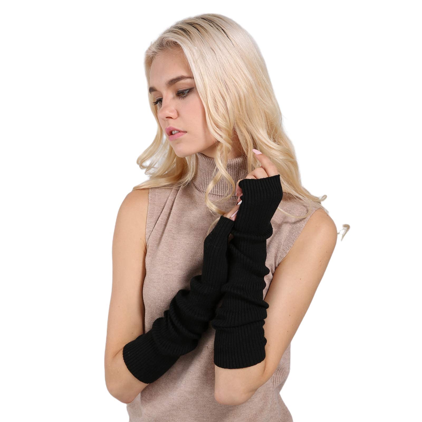 Facecozy Arm Warmers Women Warm Cashmere Blend Long Fingerless Gloves for Women Typing Gloves for Computer with Thumb Hole (Black, 16"/40.5cm)