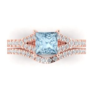 Clara Pucci 2.01ct Princess Cut Solitaire Real Aquamarine Engagement Promise Anniversary Bridal Ring Band set Curved 18K Rose Gold 9.25