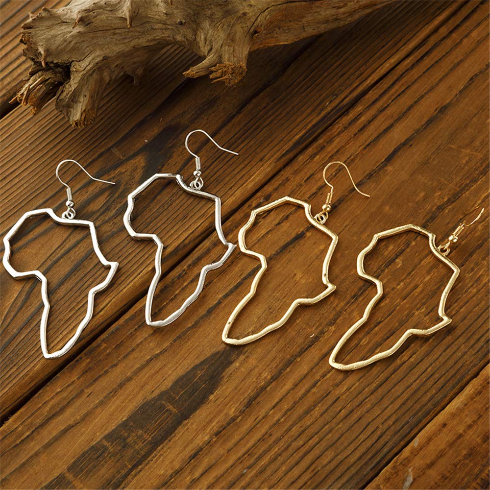 2 Pairs Unique Vintage Hollow Gold Silver African Map Dangle Earrings Ethnic Style African Drop Earrings for Women Bohemia Style Jewelry (Gold+Silver)