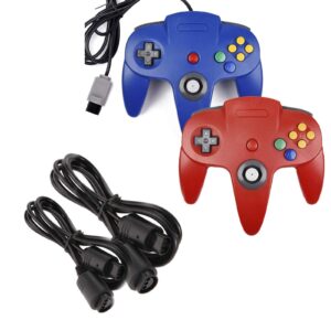 miadore 2 Pack Classic N64 Controllers (Blue/Red) Bundle with 2 Pack 6FT N64 Controller Extension Cable for N64 Console Video Games