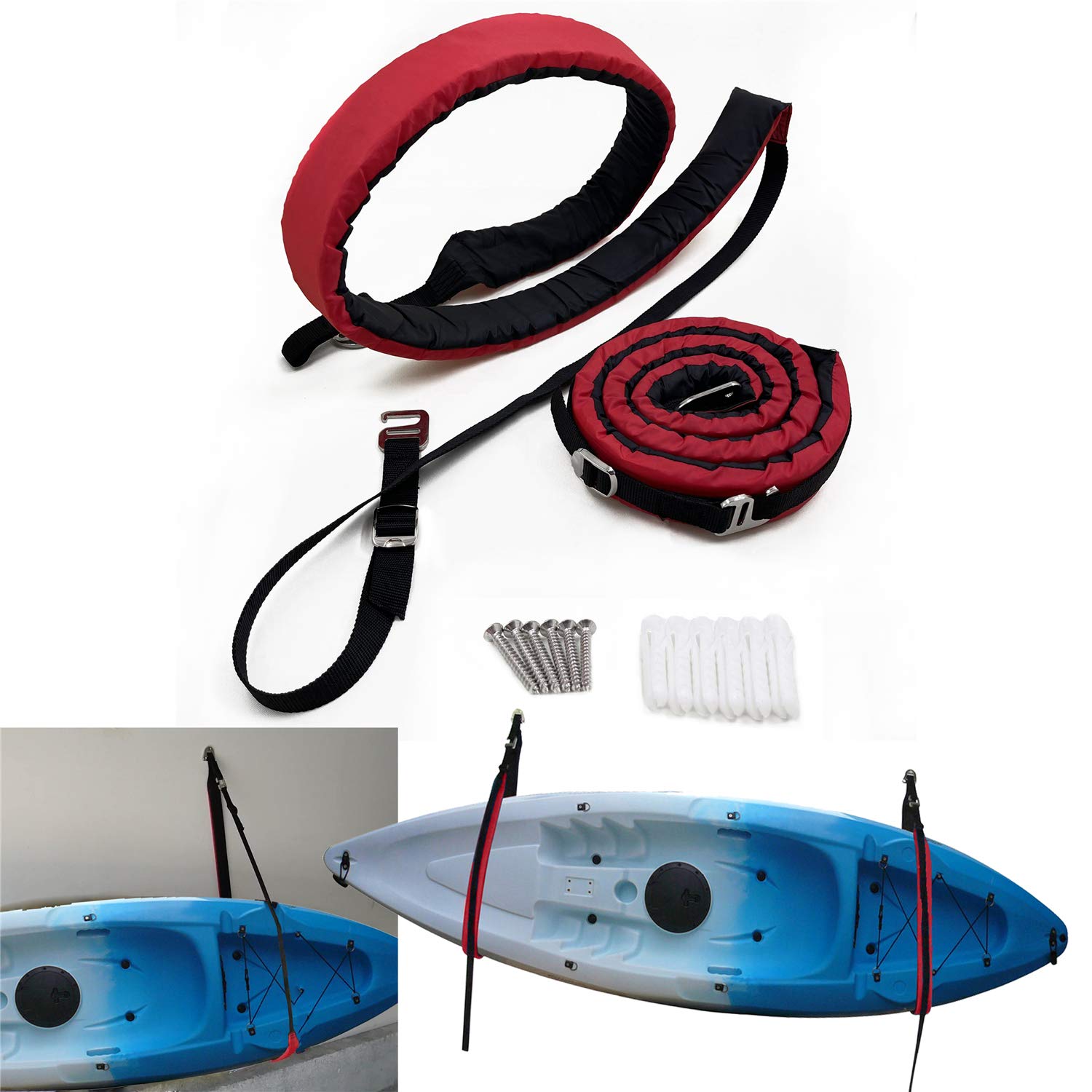 HongK- Red Kayak Surf Paddleboard Wall Padded Hanger Strap Storage Sling Kayak Hanger Heavy-Duty Hanger Garage Hanger [P/N: KAYAK-W05-BK+RED]