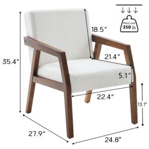 HUIMO Arm Chair Accent Chair, Wooden Mid-Century Modern Accent Chairs, Elegant Upholstered Lounge Chair for Living Room, Bedroom, Linen Fabric Padded Reading Chair, Side Chair (White)