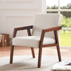 huimo arm chair accent chair, wooden mid-century modern accent chairs, elegant upholstered lounge chair for living room, bedroom, linen fabric padded reading chair, side chair (white)