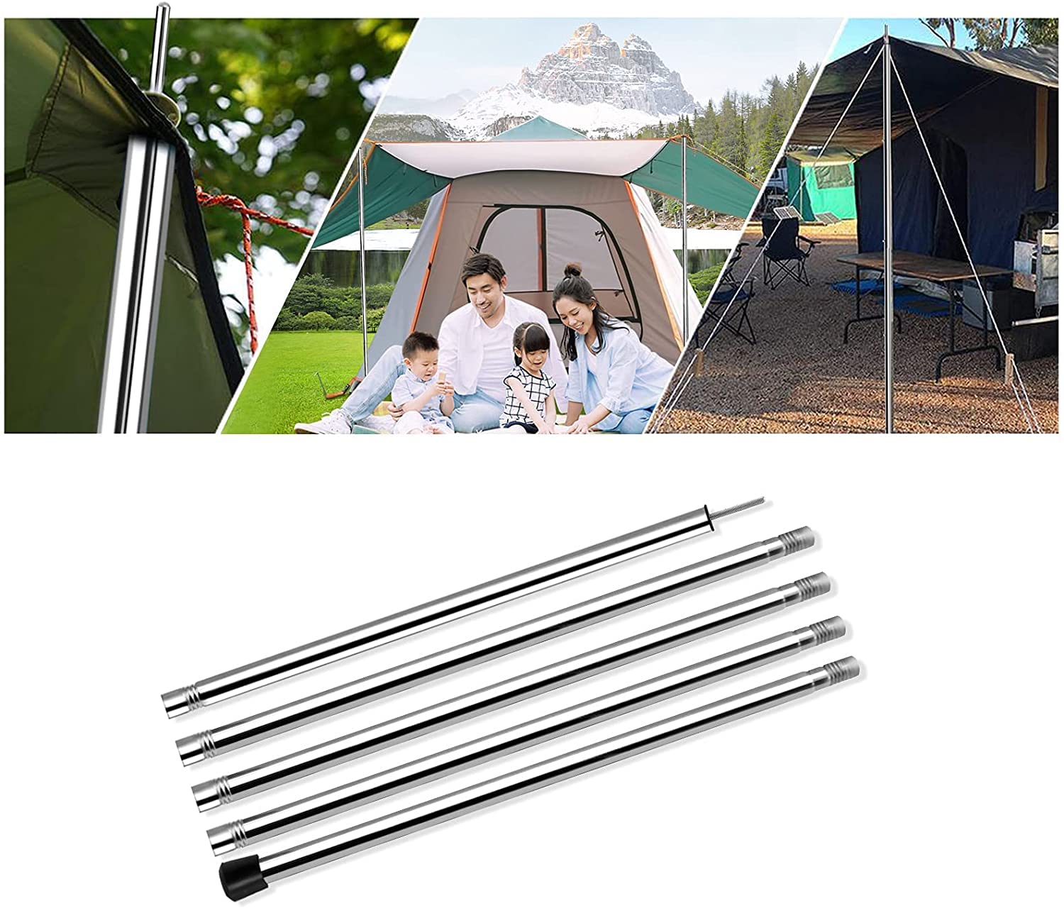 KOMCLUB Tent Poles Adjustable Tarp Poles Heavy Duty Stainless Steel Camping Poles Lightweight 78" Collapsible Canopy Pole for Tarp Telescoping Tent Poles for Awning Hiking Tarp Shelter Set of 2