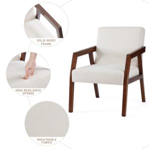 HUIMO Arm Chair Accent Chair, Wooden Mid-Century Modern Accent Chairs, Elegant Upholstered Lounge Chair for Living Room, Bedroom, Linen Fabric Padded Reading Chair, Side Chair (White)