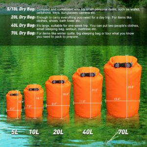 R2Depot Waterproof Dry Bag, 5L/10L/20L/40L/70L Dry Storage Bag for Kayaking, Gym, Hiking, Swimming (Orange, 20L)