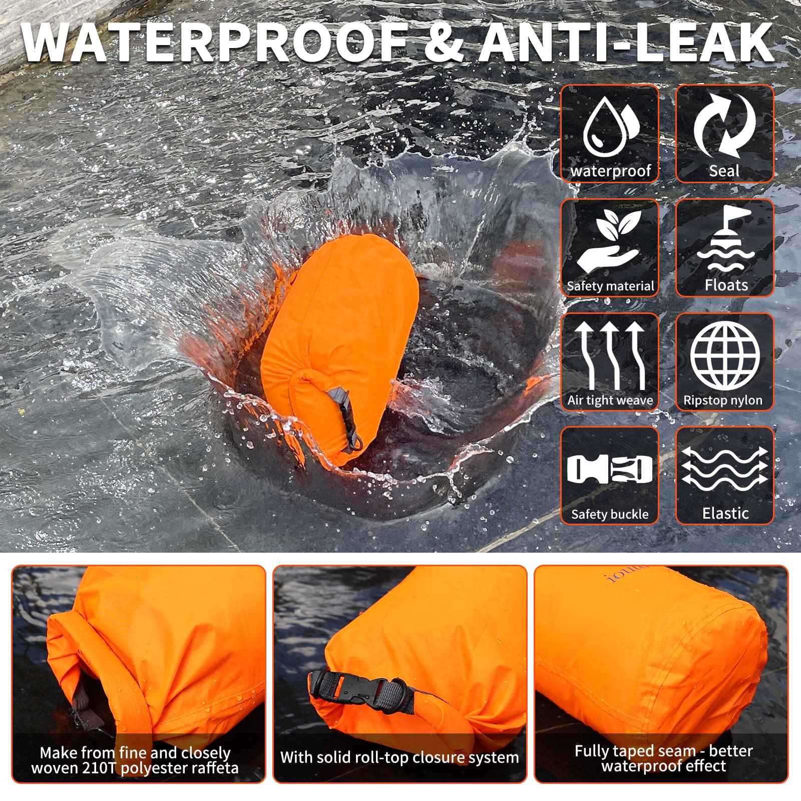 R2Depot Waterproof Dry Bag, 5L/10L/20L/40L/70L Dry Storage Bag for Kayaking, Gym, Hiking, Swimming (Orange, 20L)