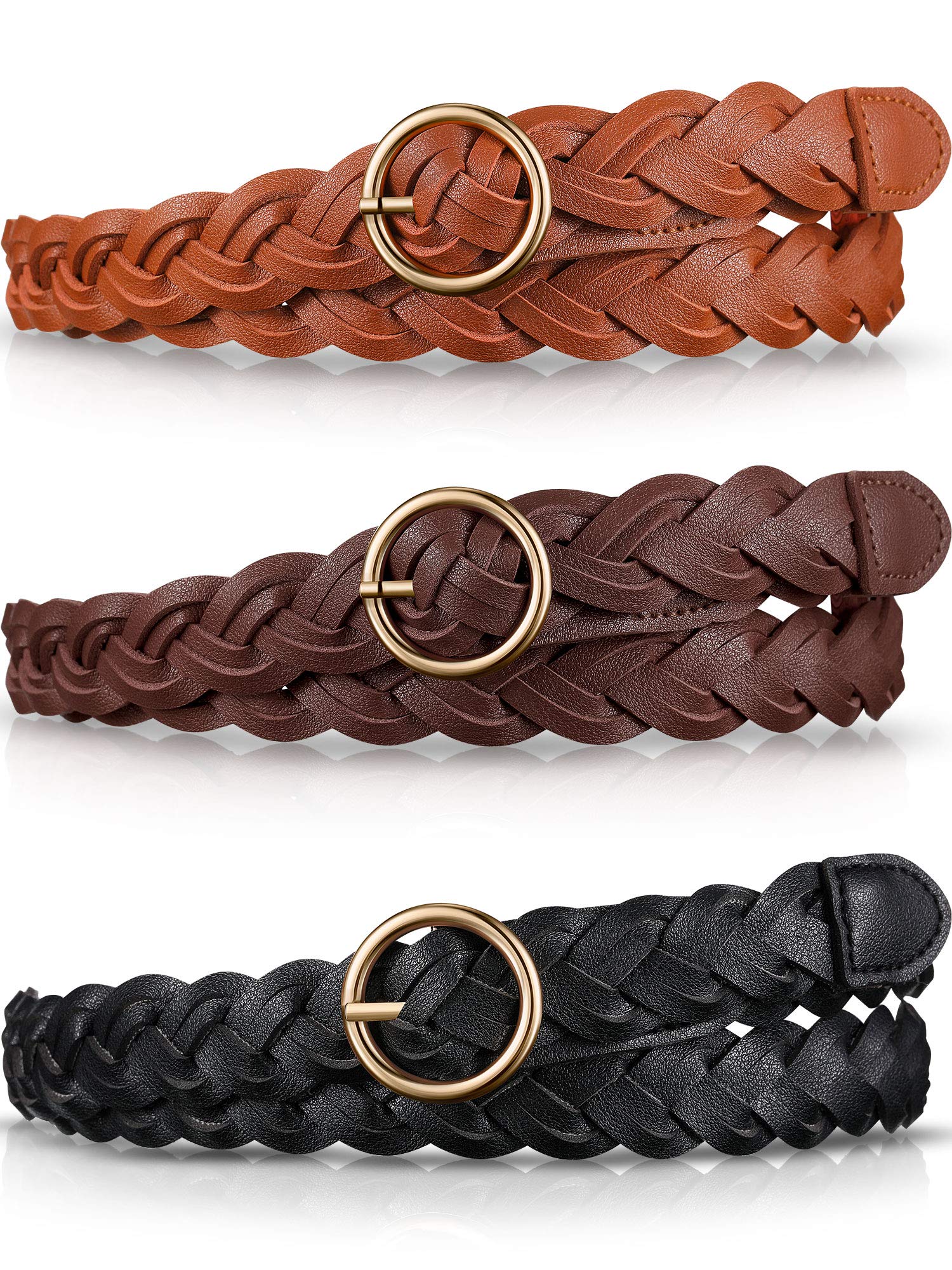 SATINIOR 3 Pcs Women's Braided Leather Belt Skinny Woven Braided Belt O Ring Buckle Leather Belt for Dress Jean Skirt Pant (Black, Brown, Light Brown)