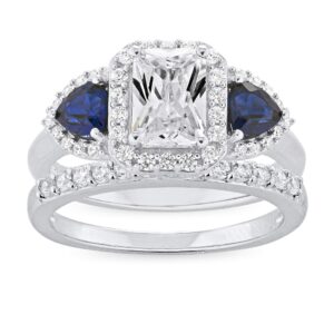 .925 sterling silver radiant cut cubic zirconia & trillion cut lab created blue sapphire halo three stone engagement and wedding ring set - size 7