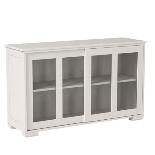 FANTASK Kitchen Storage Cabinet Sideboard, Stackable Buffet w/Height-Adjustable Shelf & 2 Glass Sliding Doors, Accent Console Table for Kitchen Dining Living Room Hallway Office (Cream White)