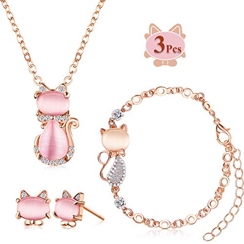 Hicarer 3 Pieces Cat Jewelry Set Cat Necklace Cat Bracelet Earring Pink Opal Pendant for Women Christmas Gift