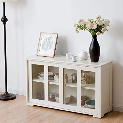 FANTASK Kitchen Storage Cabinet Sideboard, Stackable Buffet w/Height-Adjustable Shelf & 2 Glass Sliding Doors, Accent Console Table for Kitchen Dining Living Room Hallway Office (Cream White)