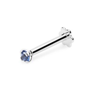 Demira Jewels 2.20mm Solitaire Real Blue Sapphire Solid 14K White Gold Nose Pin, Lip Labret, Monroe Ring Stud Screw - 16 Gauge, 8mm Long Post.