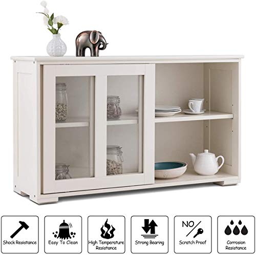 FANTASK Kitchen Storage Cabinet Sideboard, Stackable Buffet w/Height-Adjustable Shelf & 2 Glass Sliding Doors, Accent Console Table for Kitchen Dining Living Room Hallway Office (Cream White)