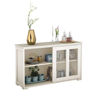 FANTASK Kitchen Storage Cabinet Sideboard, Stackable Buffet w/Height-Adjustable Shelf & 2 Glass Sliding Doors, Accent Console Table for Kitchen Dining Living Room Hallway Office (Cream White)