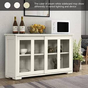 FANTASK Kitchen Storage Cabinet Sideboard, Stackable Buffet w/Height-Adjustable Shelf & 2 Glass Sliding Doors, Accent Console Table for Kitchen Dining Living Room Hallway Office (Cream White)