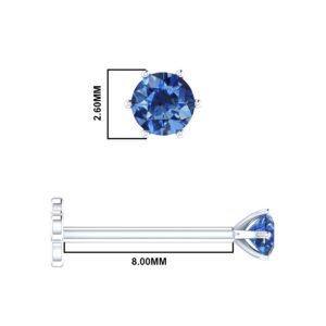 Demira Jewels 2.20mm Solitaire Real Blue Sapphire Solid 14K White Gold Nose Pin, Lip Labret, Monroe Ring Stud Screw - 16 Gauge, 8mm Long Post.