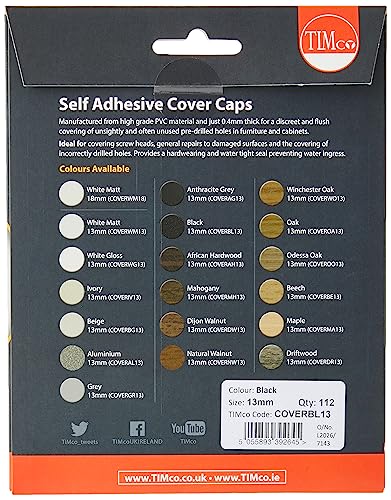 TIMco Self-Adhesive Cover Caps 13 mm - Black - (Pack 112) - COVERBL13