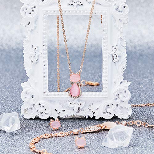 Hicarer 3 Pieces Cat Jewelry Set Cat Necklace Cat Bracelet Earring Pink Opal Pendant for Women Christmas Gift