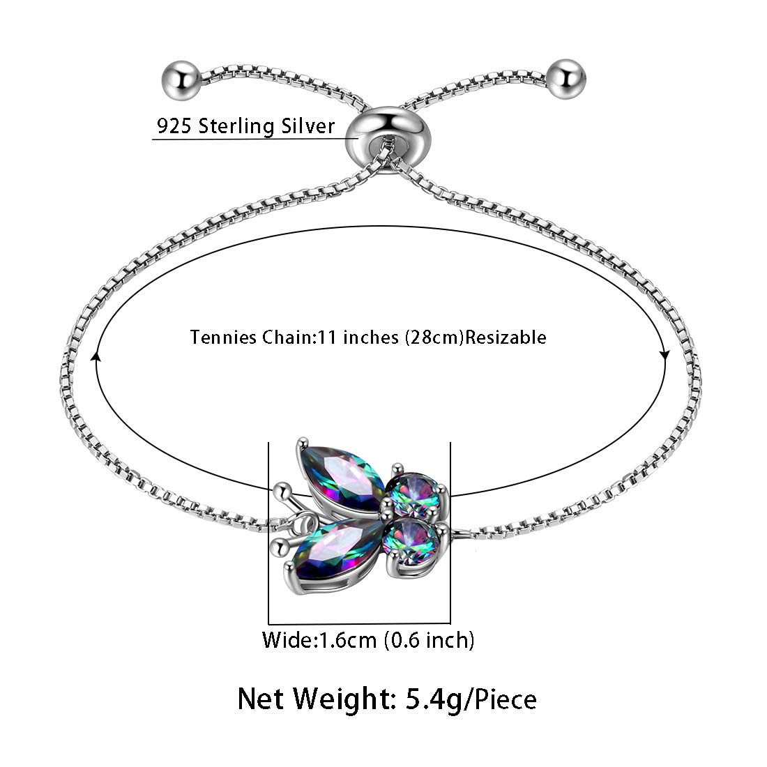 Hipunk Butterfly Mystic-Rainbow-Topaz Bracelets Birthstone Women 925 Sterling Silver Fire-Topaz Birth Stone Animal Butterflies Adjust Link Bracelet Crystal Birthday Jewelry SB0001C