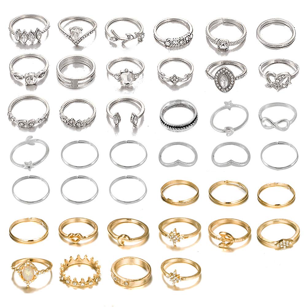 YOOESTORES82 Knuckle Rings Set for Women Vintage Stackable Rings Set Boho Joint Finger Rings Gold Silver Midi Rings Rhinestone Stacking Rings (40Pcs)