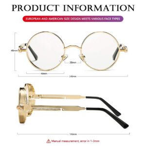 AIEYEZO Round Steampunk Sunglasses for Men Women Gothic Glasses Vintage Circle Metal Frame 100% UV Blocking Lens (Gold/Clear)