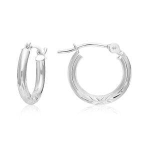 14k gold hand engraved diamond-cut round hoop earrings, (13mm-0.5 inch diameter)- white gold…