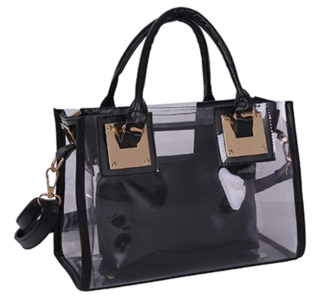 RainboSee Women 2Pcs Small Tote Clear Shoulder Top-handle Bag PVC Transparent Satchel Candy Handbag Clutch Purse Wallet Black