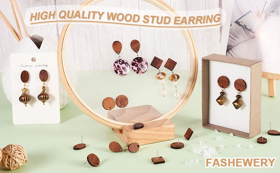 FASHEWELRY 16Pcs Wood Stud Earring Posts with Loop Teardrop Rhombus Oval Flat Round Wood Stud Earring with Ear Nuts for DIY Wooden Earrings Making (CoconutBrown)