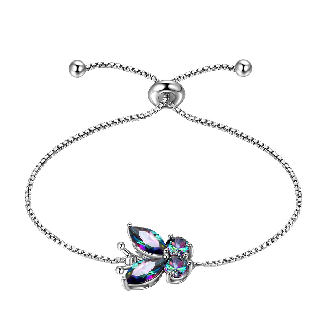 Hipunk Butterfly Mystic-Rainbow-Topaz Bracelets Birthstone Women 925 Sterling Silver Fire-Topaz Birth Stone Animal Butterflies Adjust Link Bracelet Crystal Birthday Jewelry SB0001C