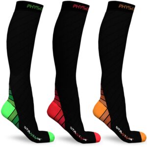 physix gear sport 3 pairs of compression socks for men & women in (black/green + black/orange + black/red) l-xl size