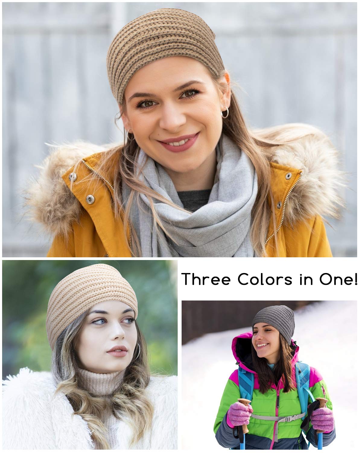 3pcs Womens Winter Hats, Beanie Hat for Women, Knit Hat Slouchy Beanies Wool Hat, Warm Turban Hat Thick Chemo Caps for Cancer Patient, White Gray Brown