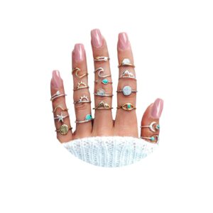 futimely 19pcs boho turquoise knuckle stacking rings for women vintage stackable star moon wave peak sea rhinestone joint midi finger rings set