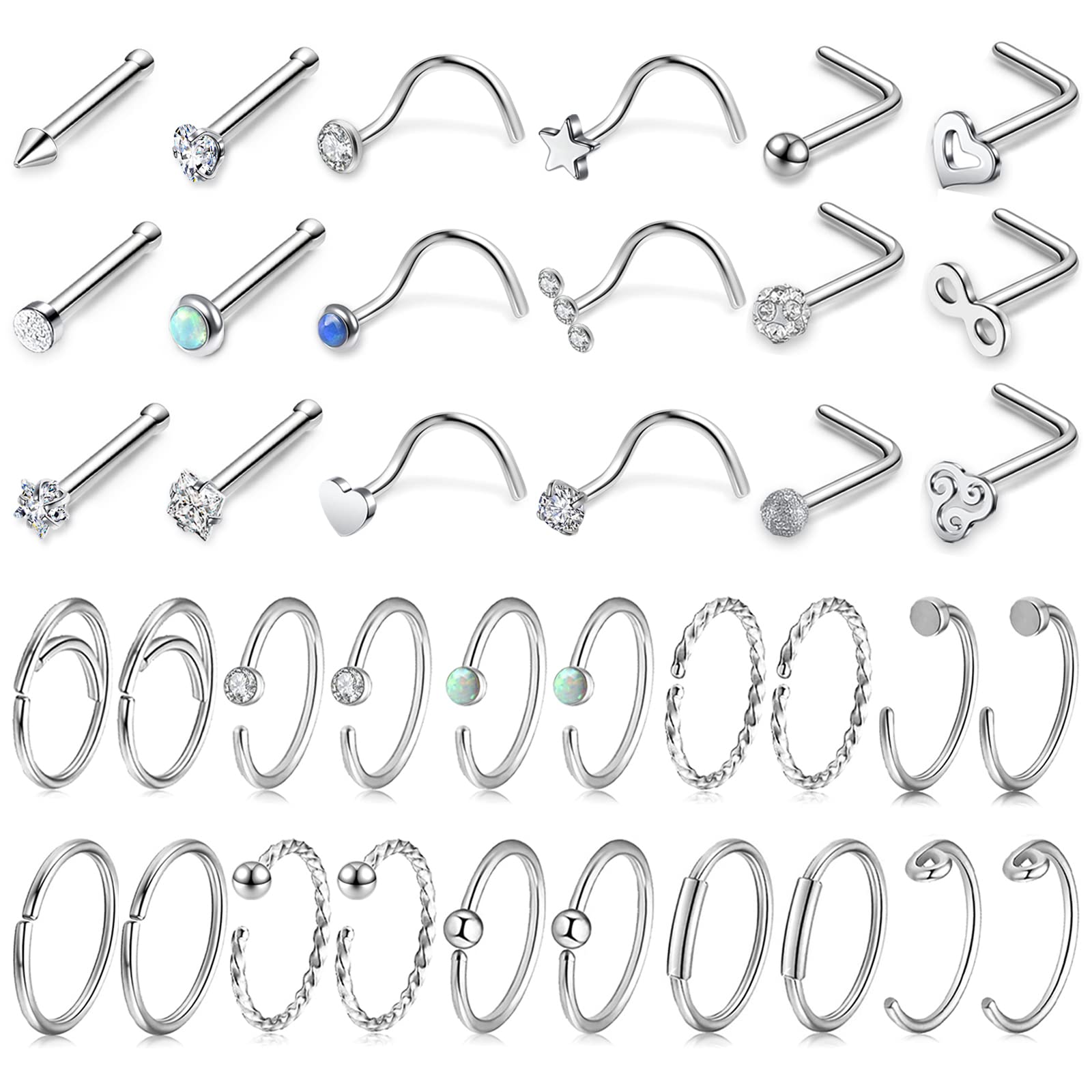 Sunligoo Nose Rings 20G 38Pcs Stainless Steel Nose Studs CZ L Bone Screw Shaped Silver Hoop Nose Ring Labret Nose Piercing Jewelry for Women Men