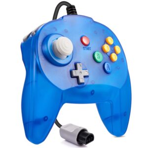 kiwitata mini game controller for n64 console, classic retro n64 wired 64-bit remote controller upgraded joystick gamepad replacement clear blue