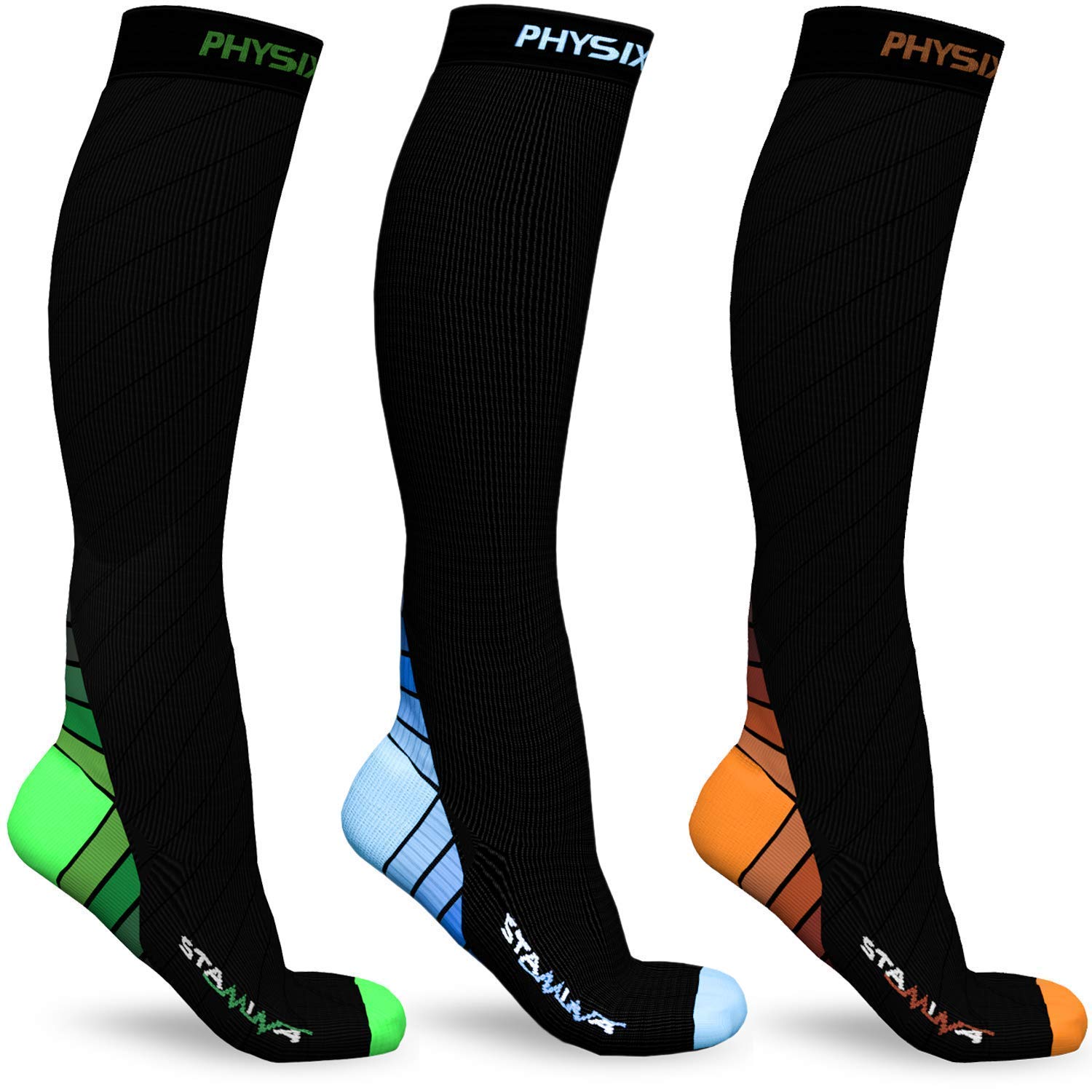 Physix Gear Sport 3 Pairs of Compression Socks for Men & Women in (Black/Green + Black/Orange + Black/Blue) XXL Size