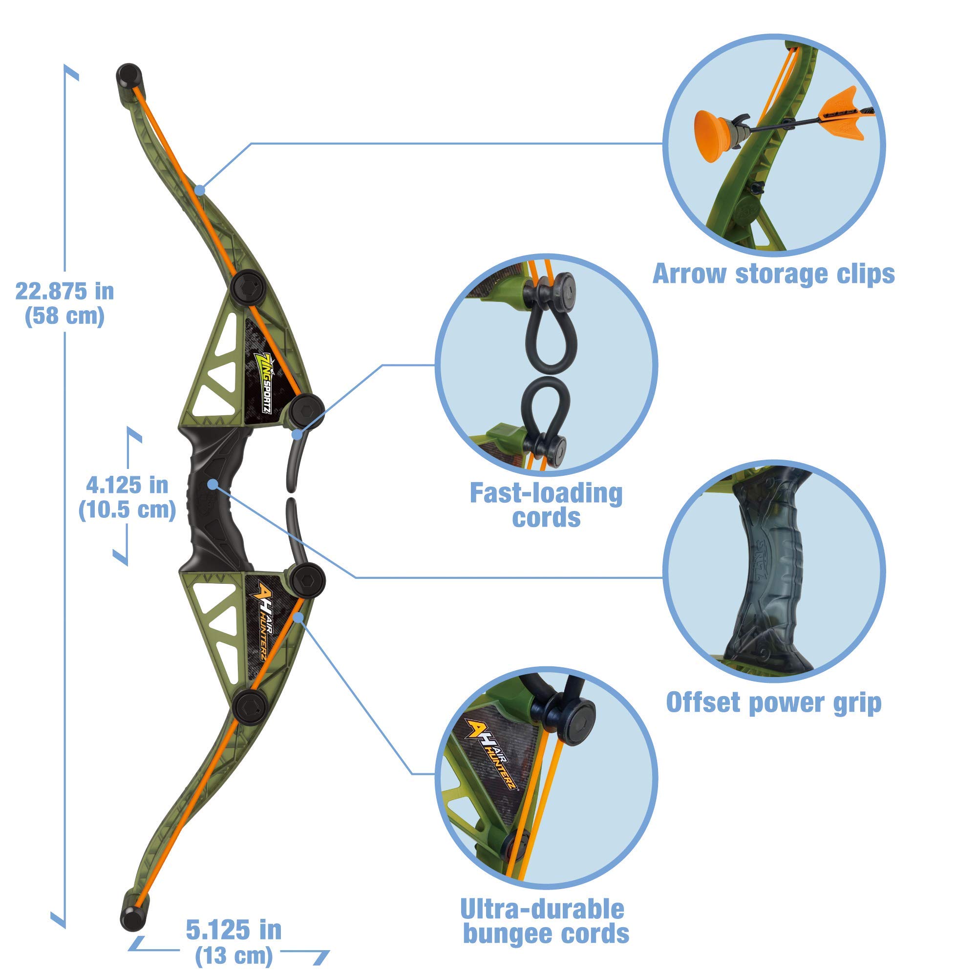 Zing Air Hunterz Z-Curve Bow Pack, 1 Green Bow, 4 Orange Zonic Whistle Arrows, 2 Orange Suction Cup Arrows and 1 Bungee, Shoots Arrows Up to 200 Feet