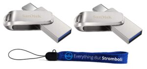 sandisk 64gb flash drive (bulk 2 pack) ultra dual drive luxe usb type-c for smartphones, tablets, and computers - high speed usb 3.1 (sdddc4-064g-g46) bundle with (1) everything but stromboli lanyard