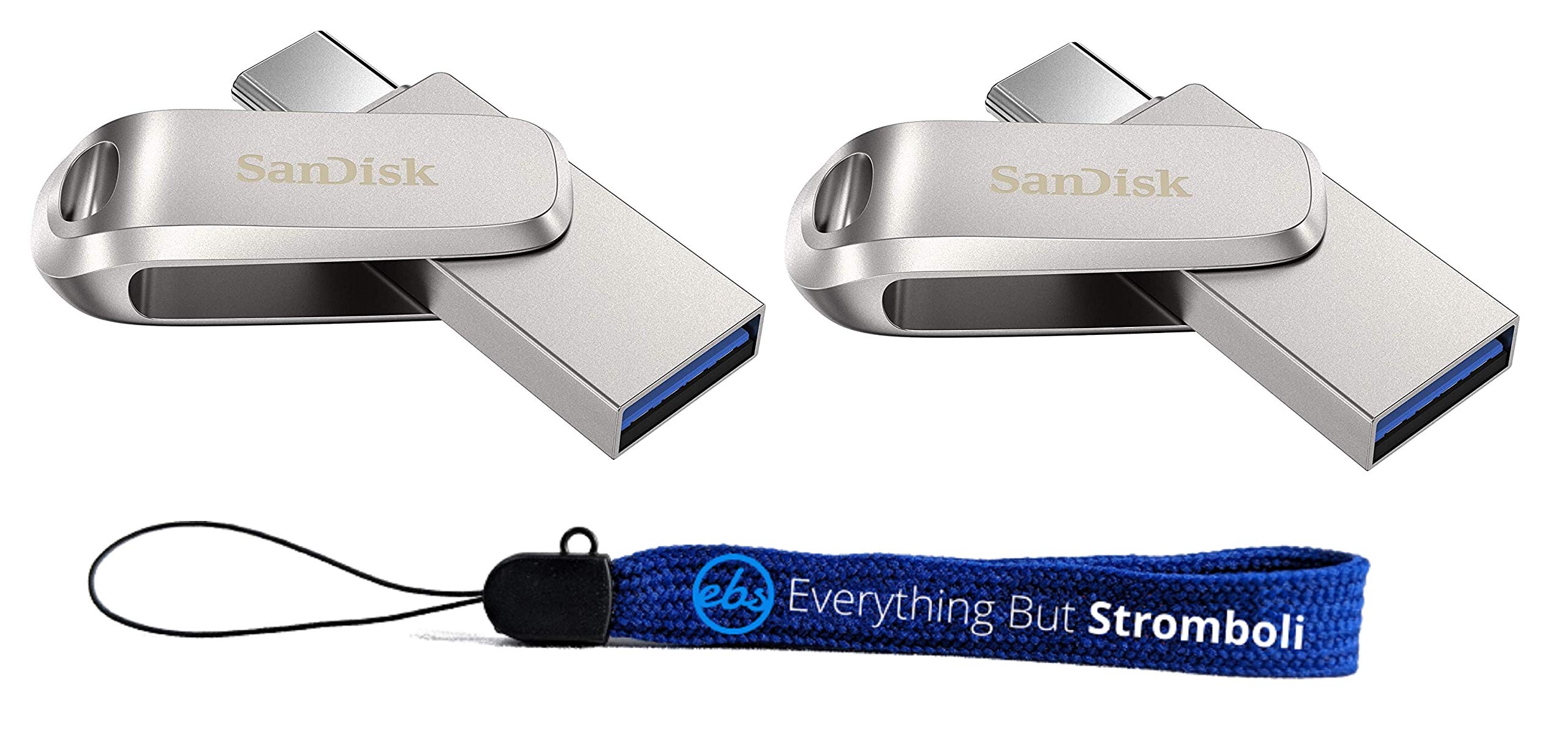 SanDisk 64GB Flash Drive (Bulk 2 Pack) Ultra Dual Drive Luxe USB Type-C for Smartphones, Tablets, and Computers - High Speed USB 3.1 (SDDDC4-064G-G46) Bundle with (1) Everything But Stromboli Lanyard