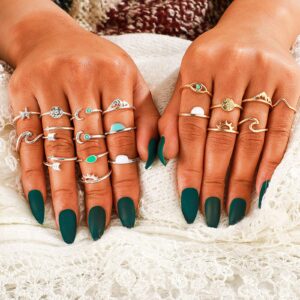 FUTIMELY 19PCS Boho Turquoise Knuckle Stacking Rings for Women Vintage Stackable Star Moon Wave Peak Sea Rhinestone Joint Midi Finger Rings Set