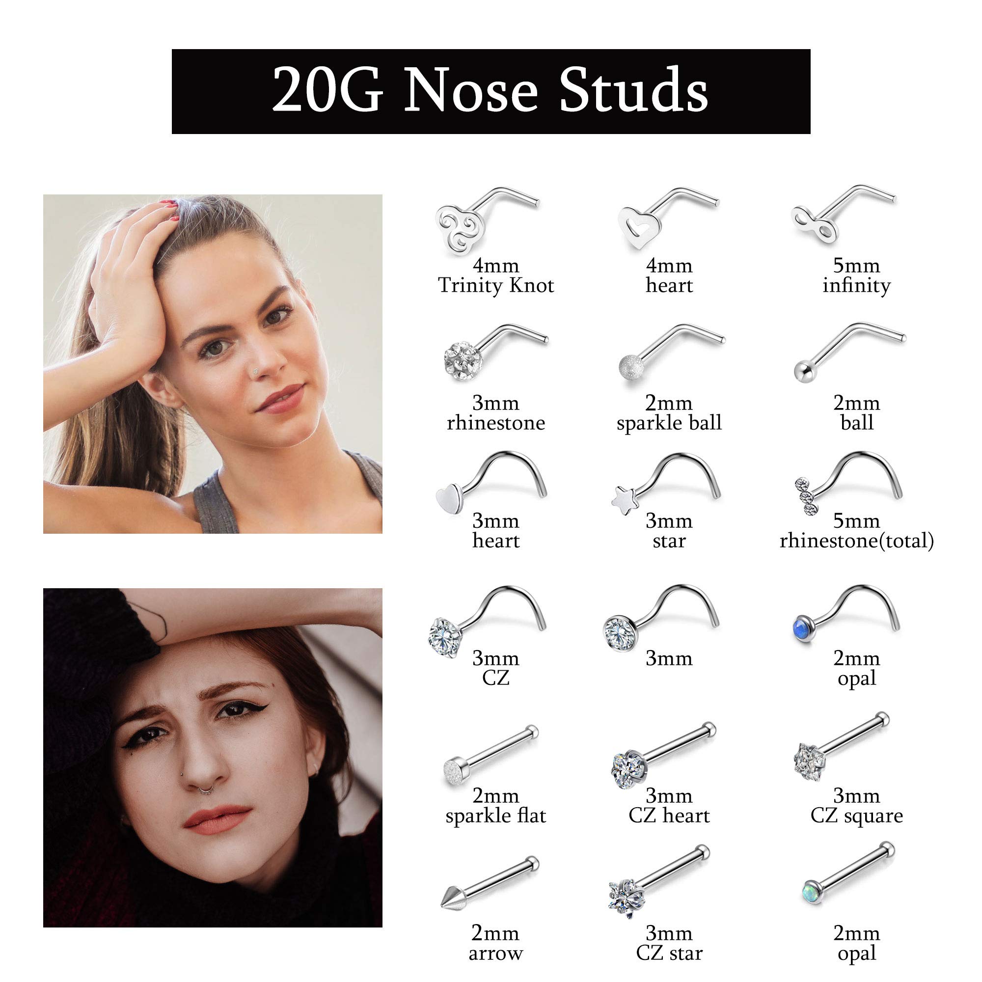 Sunligoo Nose Rings 20G 38Pcs Stainless Steel Nose Studs CZ L Bone Screw Shaped Silver Hoop Nose Ring Labret Nose Piercing Jewelry for Women Men