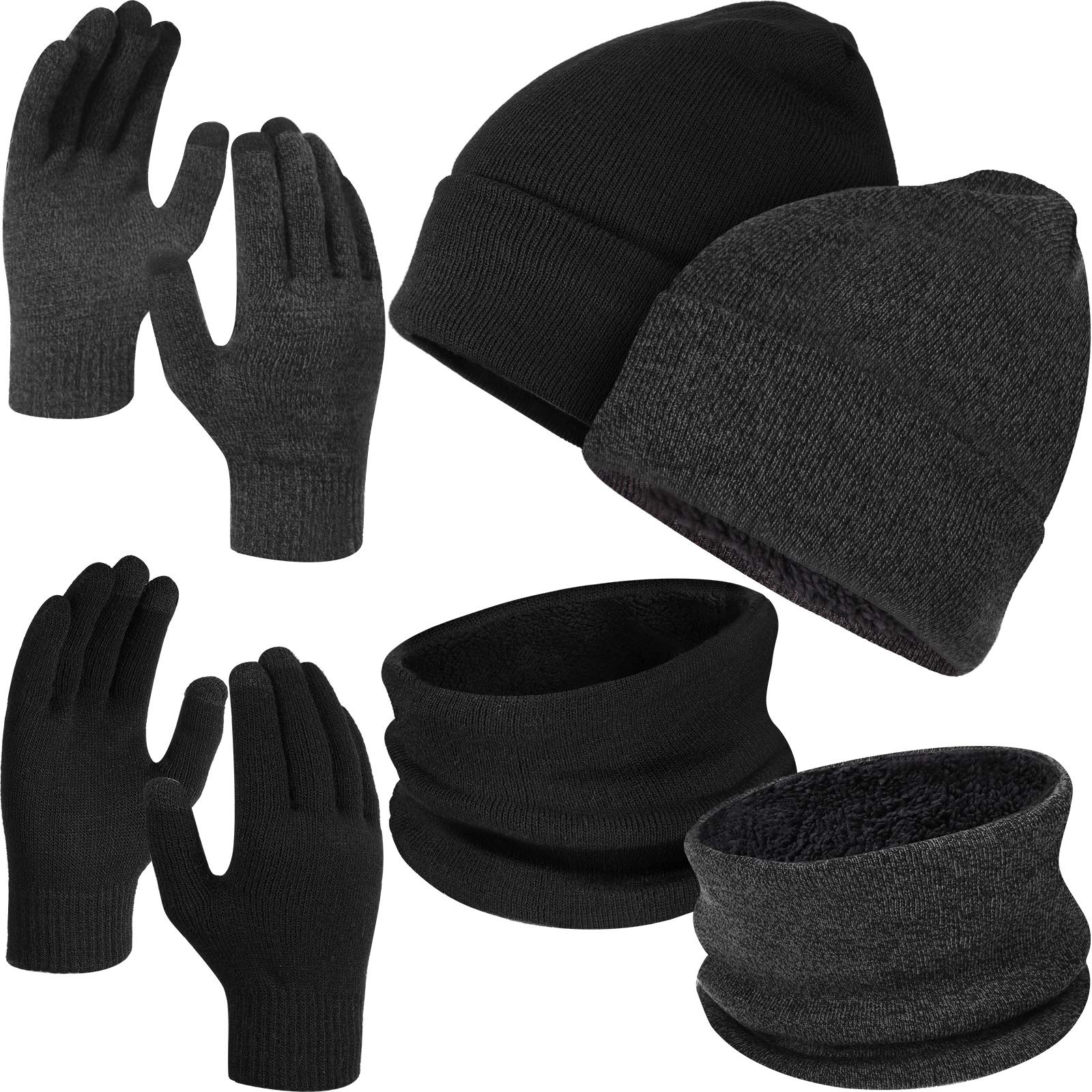 6 Pieces Winter Beanie Hat Scarf Touchscreen Gloves Neck Warm Knitted Fleece Lined for Men and Women (Black, Dark Grey)