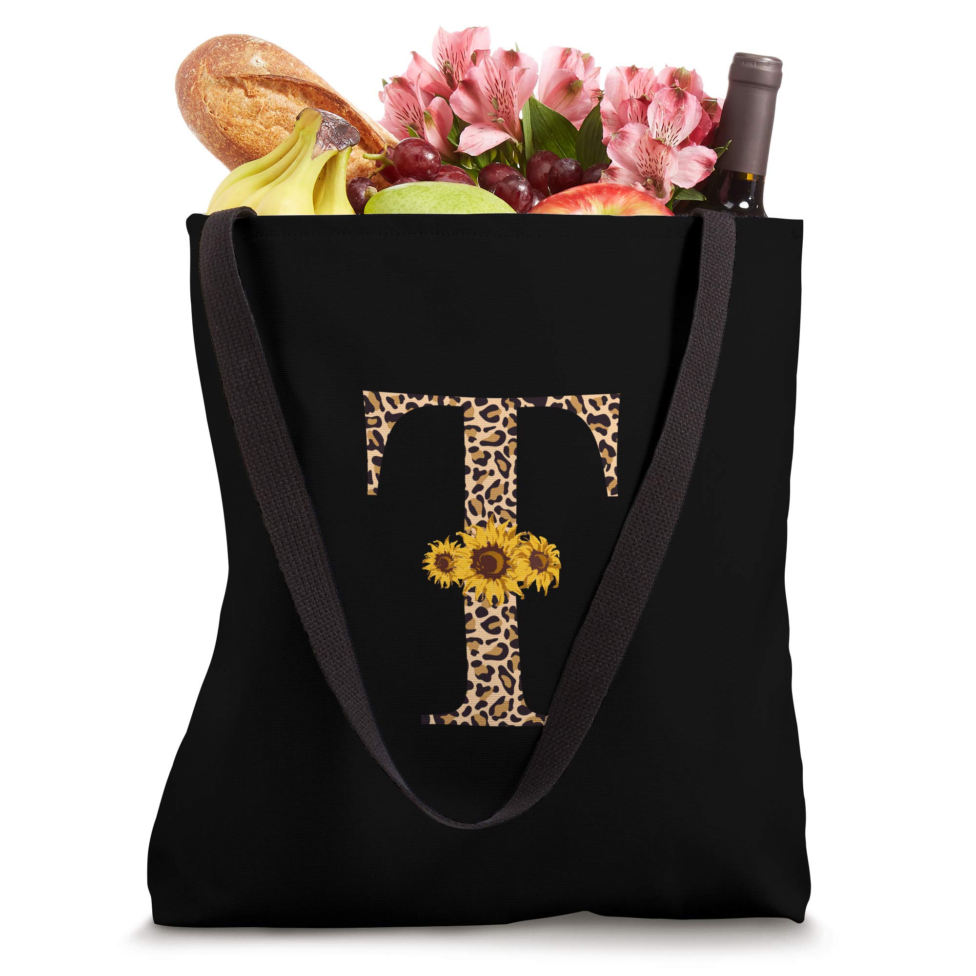 Black Monogram Letter T Initial Leopard Print Sunflower Gift Tote Bag