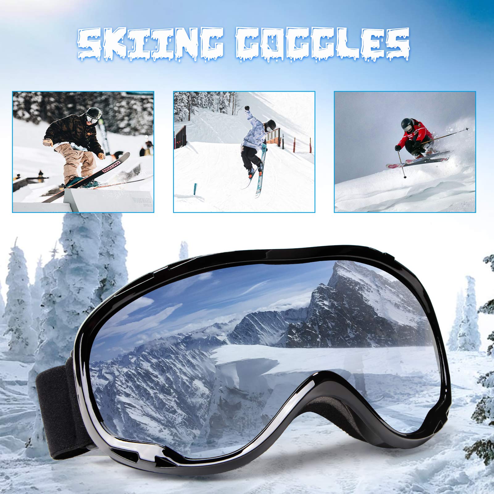 4-FQ Outdoor Ski Goggles,OTG Snowboard Goggles Anti Fog Snow Goggles 100% UV400 Snow Sport Goggles Double Lens Ice Goggles Racing Ski Goggles for Men,Women,Youth Ski Glasses Snowmobile Goggles