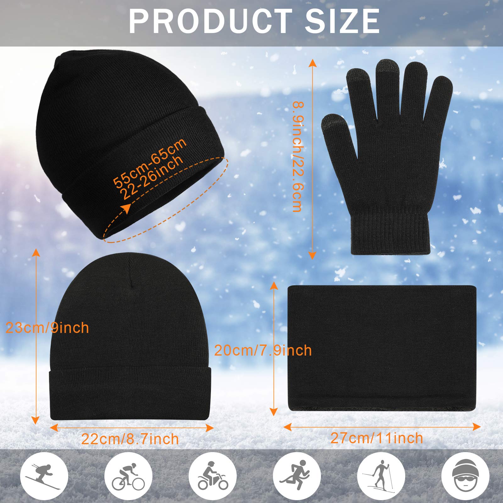 6 Pieces Winter Beanie Hat Scarf Touchscreen Gloves Neck Warm Knitted Fleece Lined for Men and Women (Black, Dark Grey)