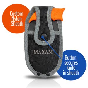 Maxam 5-Inch Skinning Knife with Gut Hook & Sheath - 3.5" 8Cr18MoV Stainless Steel Blade with Bead Blast Finish