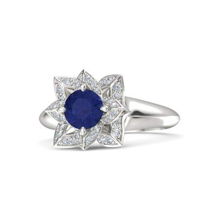 PB Collection Lotus Flower Engagement Ring 925 Sterling Silver Round Cut Blue Sapphire & CZ 8