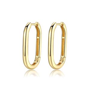 SILBERTALE Rectangle Hoop Earrings 925 Sterling Silver Gold Plated Paperclip Huggie Hoops U Link Earrings for Women