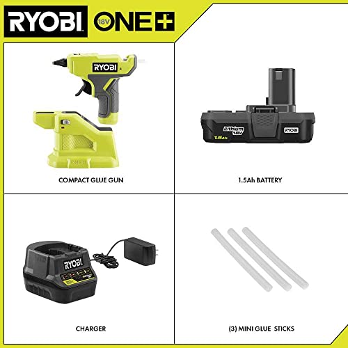 Techtronics Ryobi ONE+ 18V Cordless Compact Glue Gun Kit with 1.5 Ah Compact Lithium-Ion Battery and 18V Charger