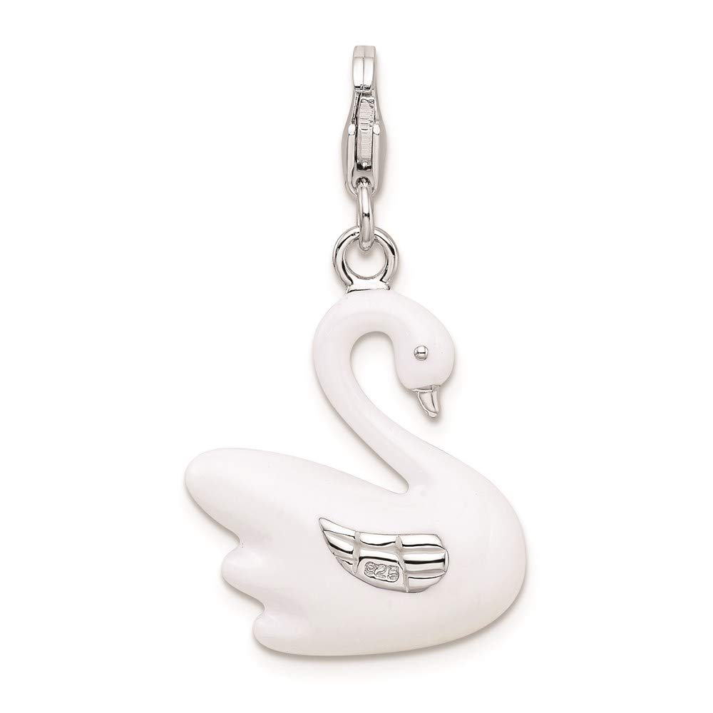 Amore La Vita Sterling Silver Rhodium-plated Polished 3-D Enameled Swan Charm with Fancy Lobster Clasp QQCC568